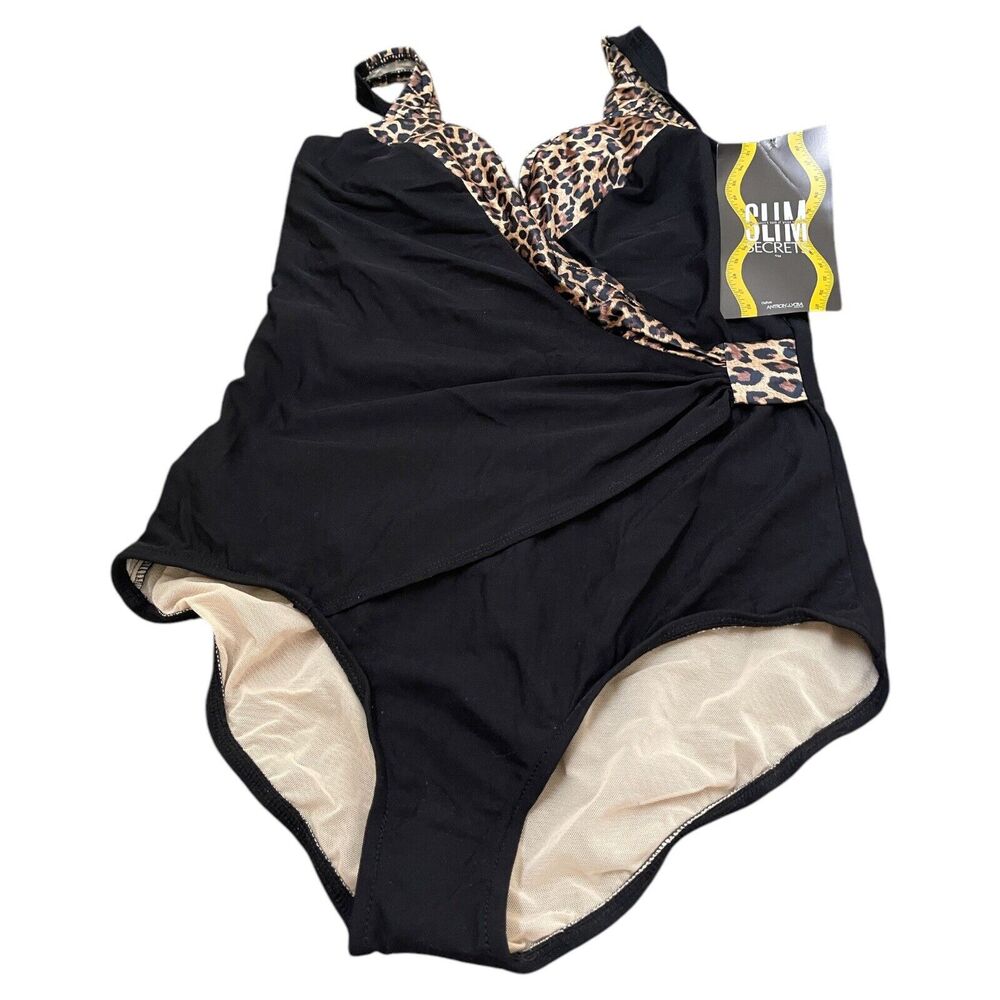 Slim Secret NEW Size 18 Vintage 90s Leopard Black Swimsuit One Piece Slimming